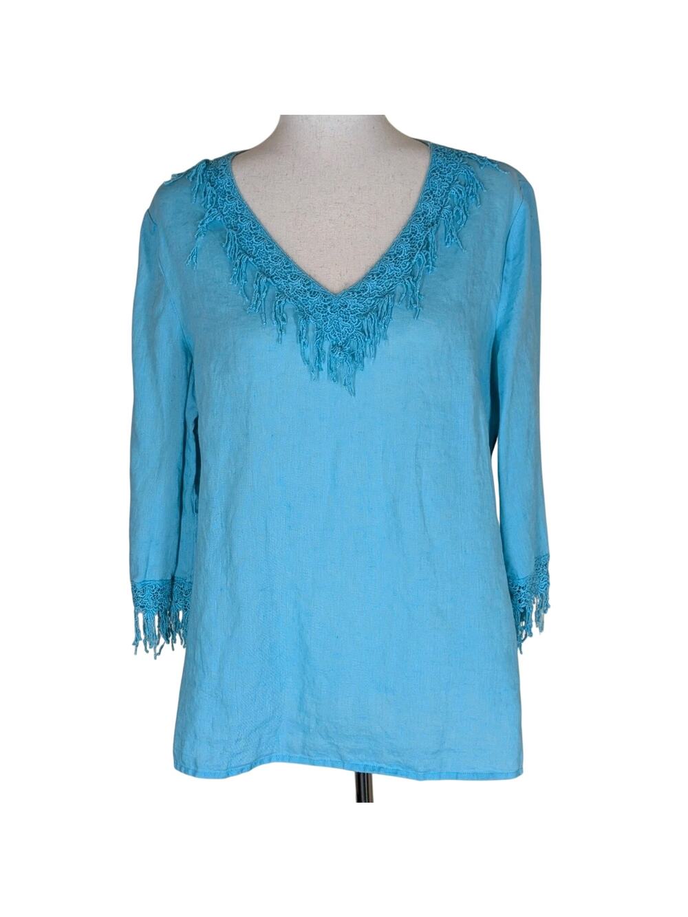 Anne Carson 100% Linen Blue V Neck 3/4 Sleeve Blouse Fringe Collar/Sleeves Large
